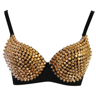 Silver Rivets Punk Rave Bralette Lingerie Gothic Bra Top Sexy Push Up Brassiere Nightclub Party Bar Fashion Hot Bras For Women - Gold / B / CHINA|38